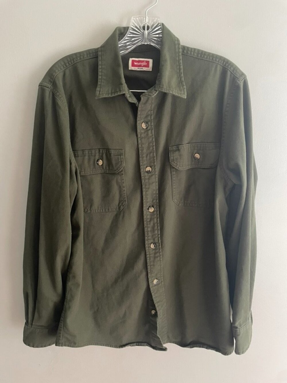 Wrangler Olive Green Utility Button Front Shirt Jacket Shacket Small Cotton Stre